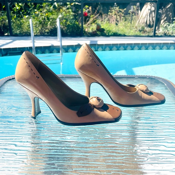 SOLD Prada Beige Brown Colorblock Leather Rosebud Embellished Square Toe Pumps - Picture 11 of 15